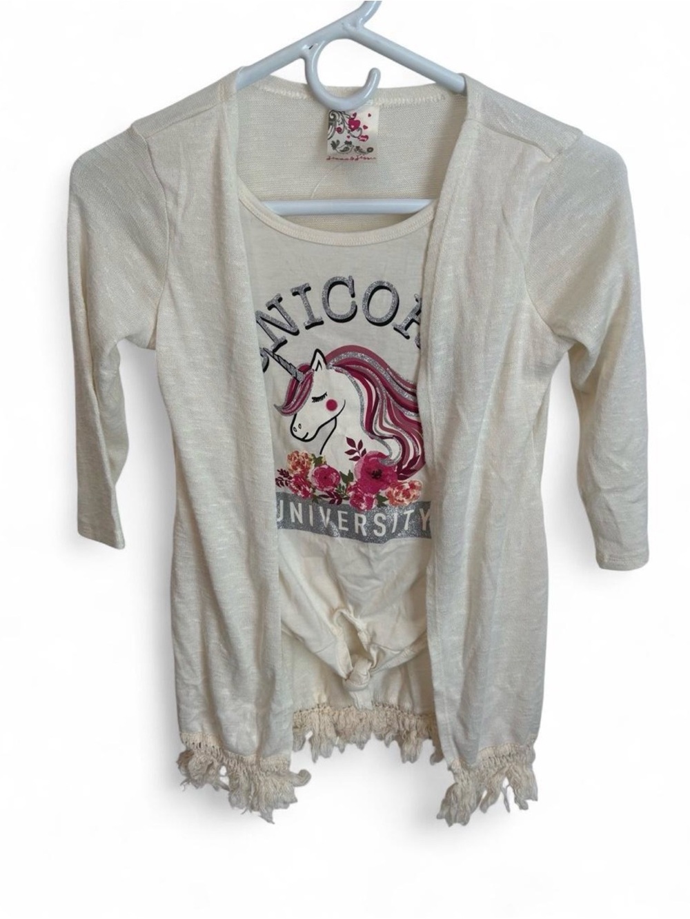Girls Cream Unicorn Graphic Long Sleeve Top with Fringe Hem